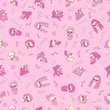 Bearded pink skulls with  bones and worms, seamless pattern. Male skull with a stylish haircut, beard and mustache. Picture for Halloween.