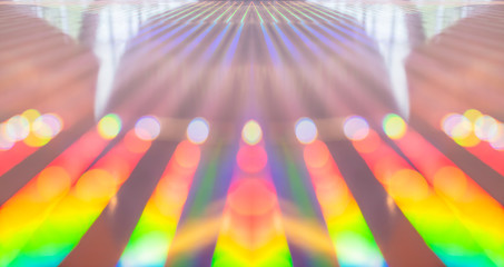symmetrical abstract blurred bokeh colorful iridescent background perspective view reflection on...