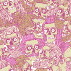 Bearded skull with eyeball, pink seamless pattern. Male skull with a stylish haircut, beard and mustache. Picture for Halloween.