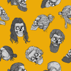 Monochrome bearded skull with eyeball, seamless pattern on yellow. Male skull with a stylish haircut, beard and mustache. Picture for Halloween.