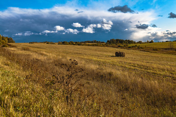 Fototapeta na wymiar Autumn landscape - a mown field against a picturesque cloudy sky