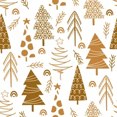 Gordijnen naadloos patroon met gouden kerstbomen op witte achtergrond - vectorillustratie, eps © Hanna