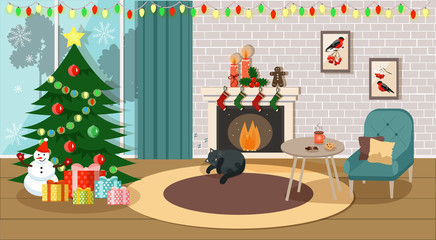 Obraz na płótnie Canvas Christmas interior, room with Christmas tree and fireplace. Vector graphics