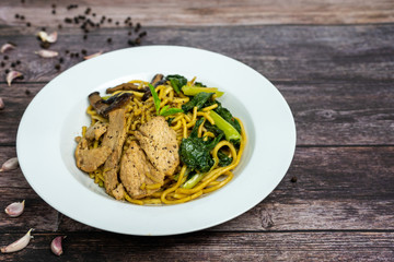 Chinese stir-fried noodles, Shiitake mushrooms, Pork and Cantonese vegetables, Hokkien noodles, Phuket's traditional food.