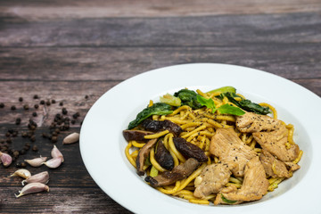 Chinese stir-fried noodles, Shiitake mushrooms, Pork and Cantonese vegetables, Hokkien noodles, Phuket's traditional food.