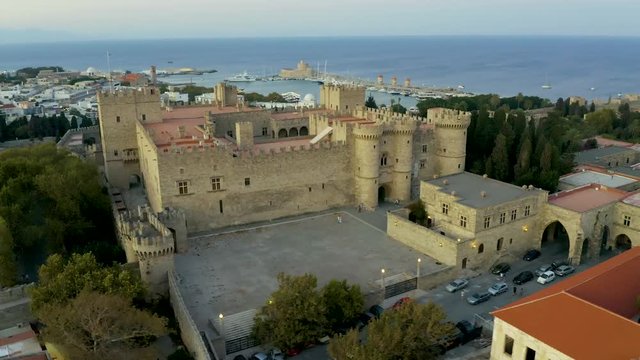 Aerial birds eye view video taken by drone of Rhodes island old fortified town, Palace of the Grand Master, popular tourist destination, Dodecanese, Aegean, Greece