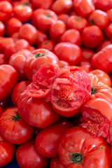 Red ripe tomatoes on farmets market close up