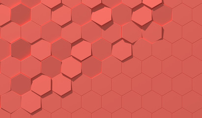 Living Coral Color Hexagon Background With Copy Space (3D Illustration)