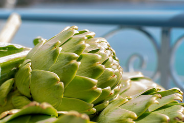 Obraz premium Bunch of fresh raw artichokes heads from artichoke plantation in Argolida, Greece ready to cook