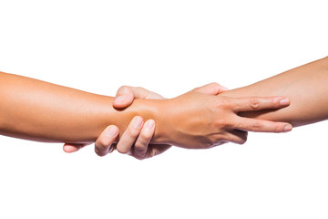 Hands holding together or hold the arm area to show help to each other, show confidence isolated on white background.