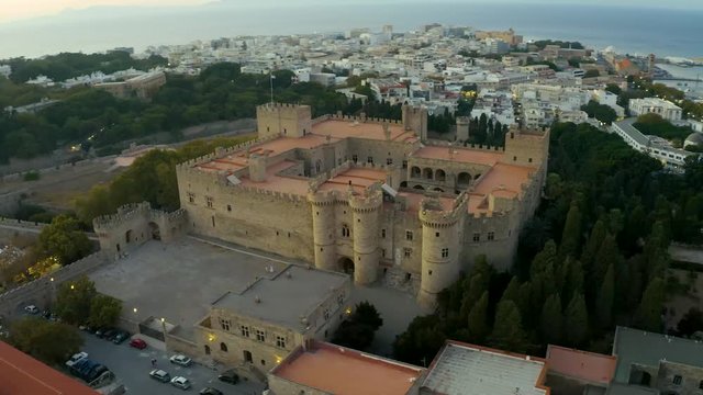Medieval Rhodes town, Greece, from above. Small buildings, ancient turkish baths, captured from drone