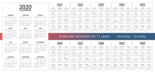 Big set of 11 year calendar. One page and 12 months. Week starts from Monday. Mon-Sun week. Isolated on white background. Stationery design. Vector illustration.
