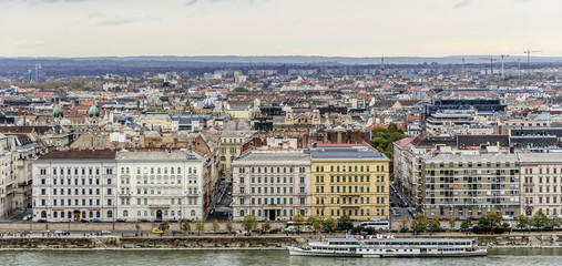 Panoramic view of the old town and the Danube River in autumn in Budapest, Hungary.