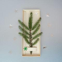 Minimalistic Christmas tree made of evergreen fir plant on white background. Christmas, new year concept. Flat lay,