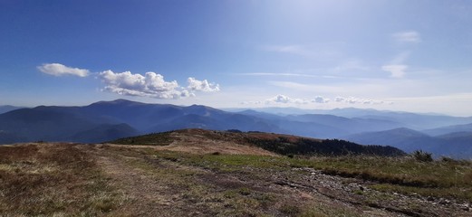 Mountain landscape with blue sky cliffs forest and grass.