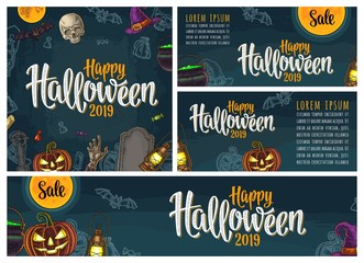 Posters with Happy Halloween 2019 lettering and engraving illustration