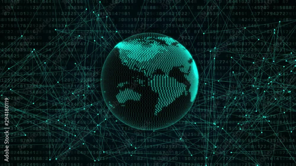 Poster World Map Spin Digital Number Technology 4K Motion Running Developer Program Code Motion Background. 3D Graphic Earth Binary Encoding Statistics Big Data Analysis Concept Display.
