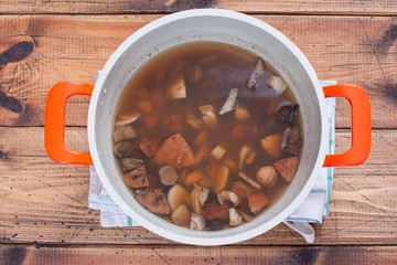 Step-by-step preparation of wild mushroom soup step 2 - cooking mushrooms, selective focus