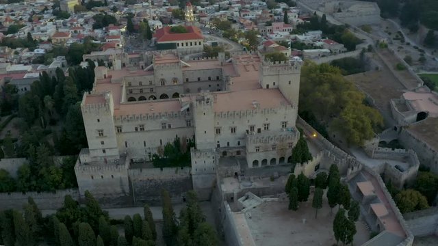 Aerial birds eye view video taken by drone of Rhodes island old fortified town, Palace of the Grand Master, popular tourist destination, Dodecanese, Aegean, Greece