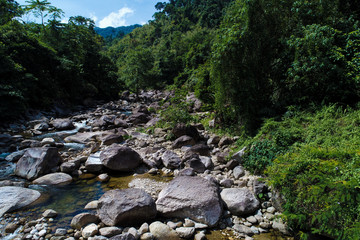 Naklejka na ściany i meble Aerial view waterfall in deep tropical rain forest