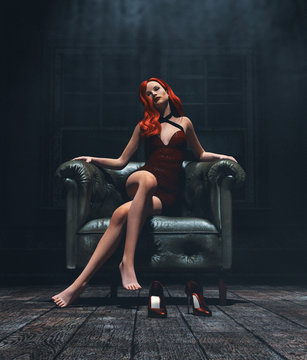 Night with the devil,there something behind that beauty,Sexy red hair girl sitting on vintage leather chair,3d illustration**3d figure