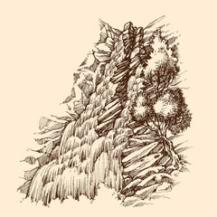 Waterfall in rocky mountains. Pure water cascade hand drawing