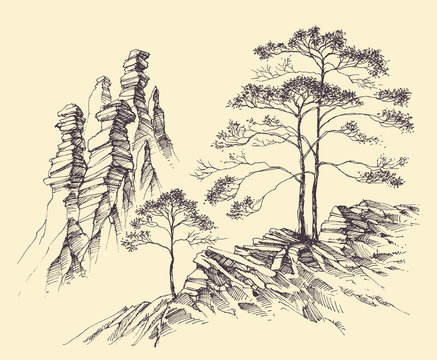 Mountains slopes and alpine trees landscape. Hand drawn nature background