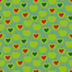A seamless vector valentine pattern background with simple green apples and red hearts. Surface print design.