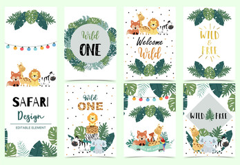 Collection of safari background set with giraffe,elephant,zebra,lion,light.Editable vector illustration for birthday invitation,postcard and sticker.Wording include wild and free © piixypeach