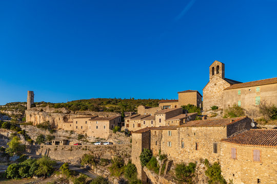 View of the the picturesque medieval village of Minerve situated on top of the gorge of the River Cesse in Herault - Languedoc, southern France