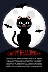 Cat sits against the full moon and space for text. Happy Hallowen. Halloween invitation or greeting card