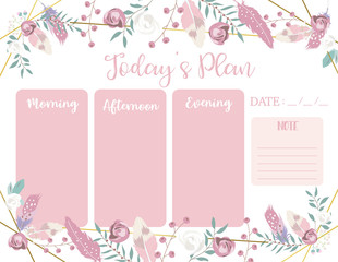 cute weekly planner background with feather,rose,geometric,flower.Vector illustration for kid and baby.Editable element