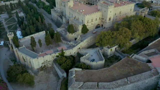 Medieval Rhodes town, Greece, from above. Small buildings, ancient turkish baths, captured from drone