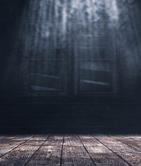 Inside of a haunted house scene with wooden floors and old window,3d illustration
