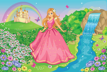Beautiful Princess in a pink dress. Cute fairy. Fairytale background with flower meadow or park, castle, rainbow. Wonderland. Magical landscape. Children's cartoon illustration. Romantic story. Vector