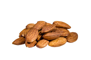 Heap of the peeled almond nuts isolated on white background