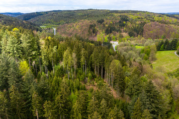 Fototapeta na wymiar Aerial view, mixed forest from above, Odenwald, Hesse, Germany