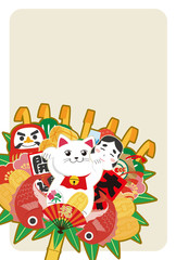 Obraz na płótnie Canvas 年賀状素材　年賀　和柄　和風　縁起物　熊手　招き猫