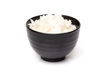 Close up, Rice in black bowl isolated on white background