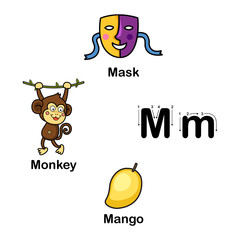 Alphabet Letter M-mask,mango,monkey vector illustration