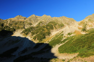北アルプス　槍穂高連峰縦走　涸沢テント場の風景　朝陽に映える奥穂高岳とザイテングラート