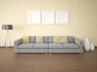 Mock up a stylish living room with a compact comfortable sofa and fashionable decorative plaster.