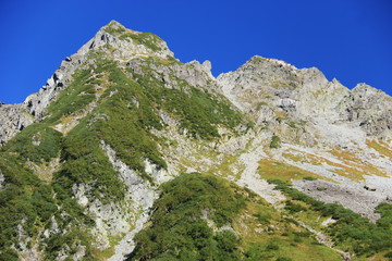 北アルプス　槍穂高連峰縦走　涸沢テント場の風景　北穂高岳北峰、南峰を仰ぎ見る