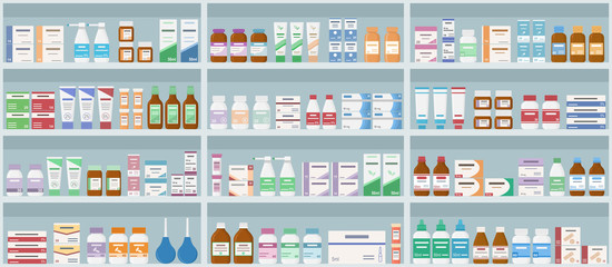 Pharmacy shelves with medicines. Concept of pharmaceutics and medication. Seamless pattern. Vector illustration.  - obrazy, fototapety, plakaty