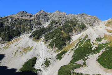 北アルプス　槍穂高連峰縦走　涸沢テント場の風景　朝陽に映える奥穂高岳