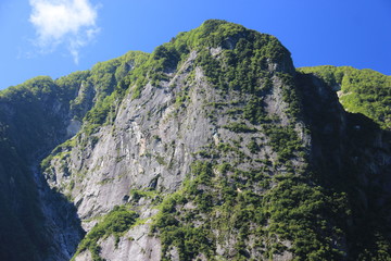 北アルプス　穂高連峰縦走　横尾谷登山道から屏風岩の岩壁を仰ぎ見る