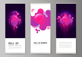 The vector illustration of the editable layout of roll up banner stands, vertical flyers, flags design business templates. Black background with fluid gradient, liquid pink colored geometric element.