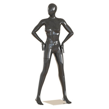 A black female mannequin stands on an iron mount on an isolated white background. 3D rendering