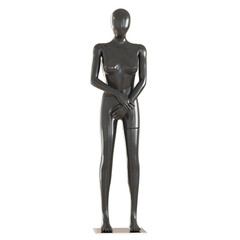 A black female mannequin stands on an iron mount on an isolated white background. 3D rendering