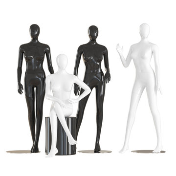 Three female mannequins stand and one sits on an isolated background .3d rendering